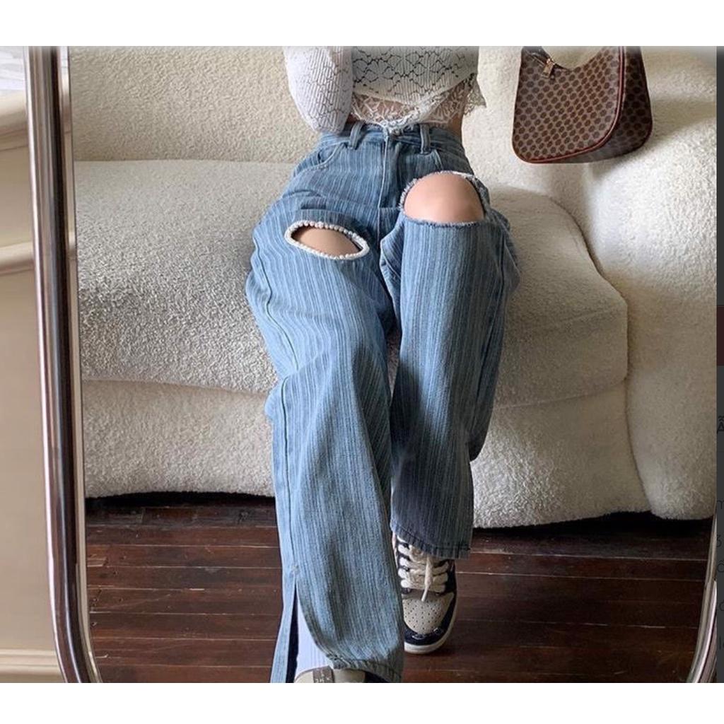 Quần Jeans Nữ Xẻ Gấu Rách Đùi Phối Ngọc Trai Đơn Điệu 8026