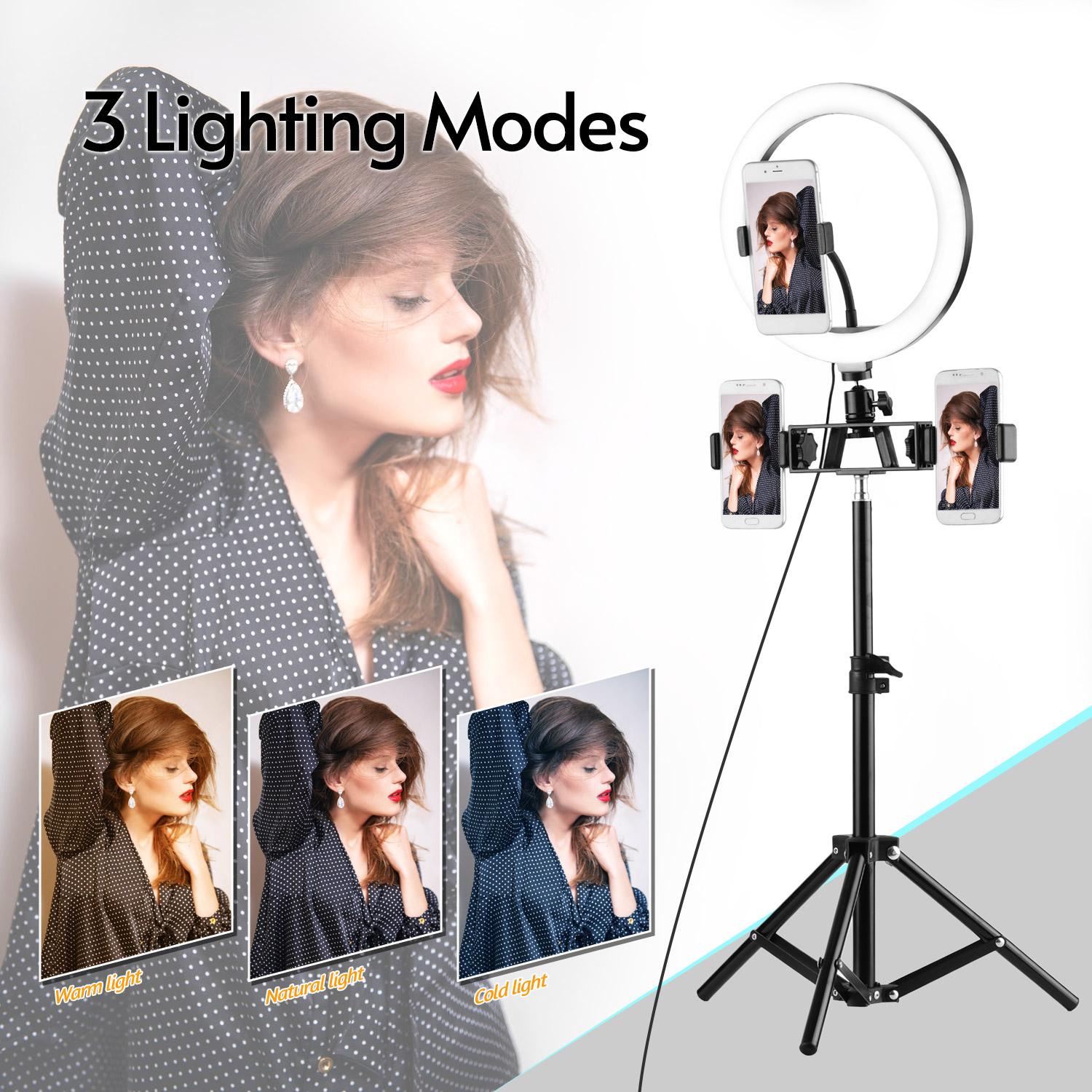10 Inch Ring Light Selfie Beauty LED Light USB Photography Light 3 Lighting Modes Dimmable with 3pcs Phone Holders +