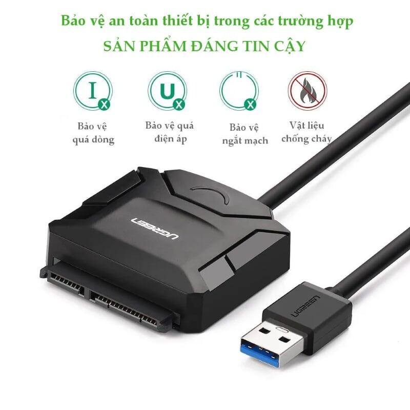 Ugreen UG20231CR108TK 25CM màu Đen Bộ chuyển đổi USB 3.0 sang SATA ổ cứng hỗ trợ nguồn - HÀNG CHÍNH HÃNG