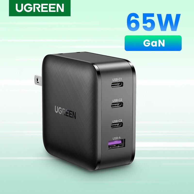 Sạc nhanh điện thoại 3 cổng USB-C và 1 USB hỗ trợ GaN 65W màu đen Ugreen (70774) hàng chính hãng