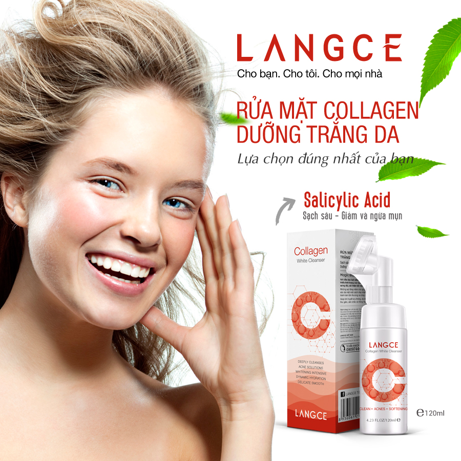 Collagen Rửa Mặt Cọ Massage Trắng Da 120ml Hộp Đỏ TẶNG Tẩy Tế Bào Chết Da Mặt Trà Xanh 100ml LANGCE