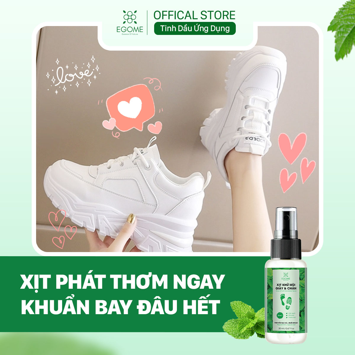 Xịt Khử Mùi Giày Và Chân Egome Tinh Dầu Bạc Hà làm sạch và thơm mát 20ml