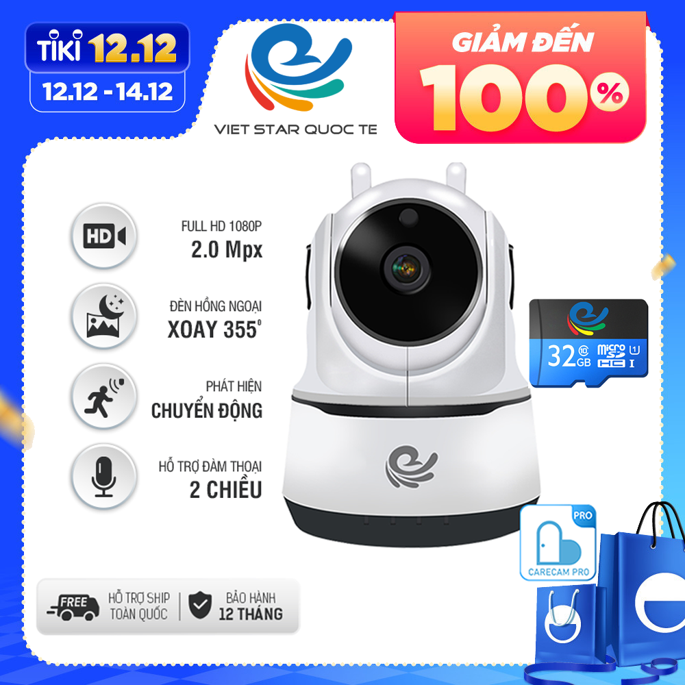 [ TẶNG THẺ NHỚ 32GB ] Camera IP HD/FULL HD Trong Nhà 2.0Mpx 1080P - Phát Hiện Chuyển Động - Kết Nối WIFI - Xem Mọi Lúc, Mọi Nơi - Dùng APP CARECAM PRO - Nhập Khẩu