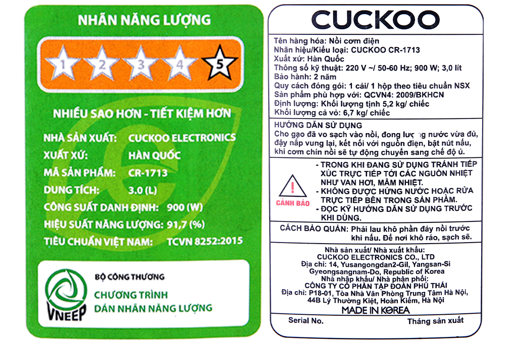 Nồi cơm nắp gài Cuckoo CR- 1713 3 lít - Hàng chính hãng