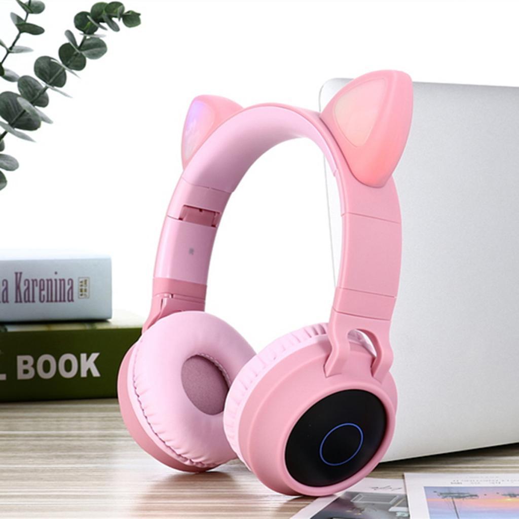 Bluetooth Cat Ear Headband LED Lights Headphones Earphone Headset w/Mic Pink