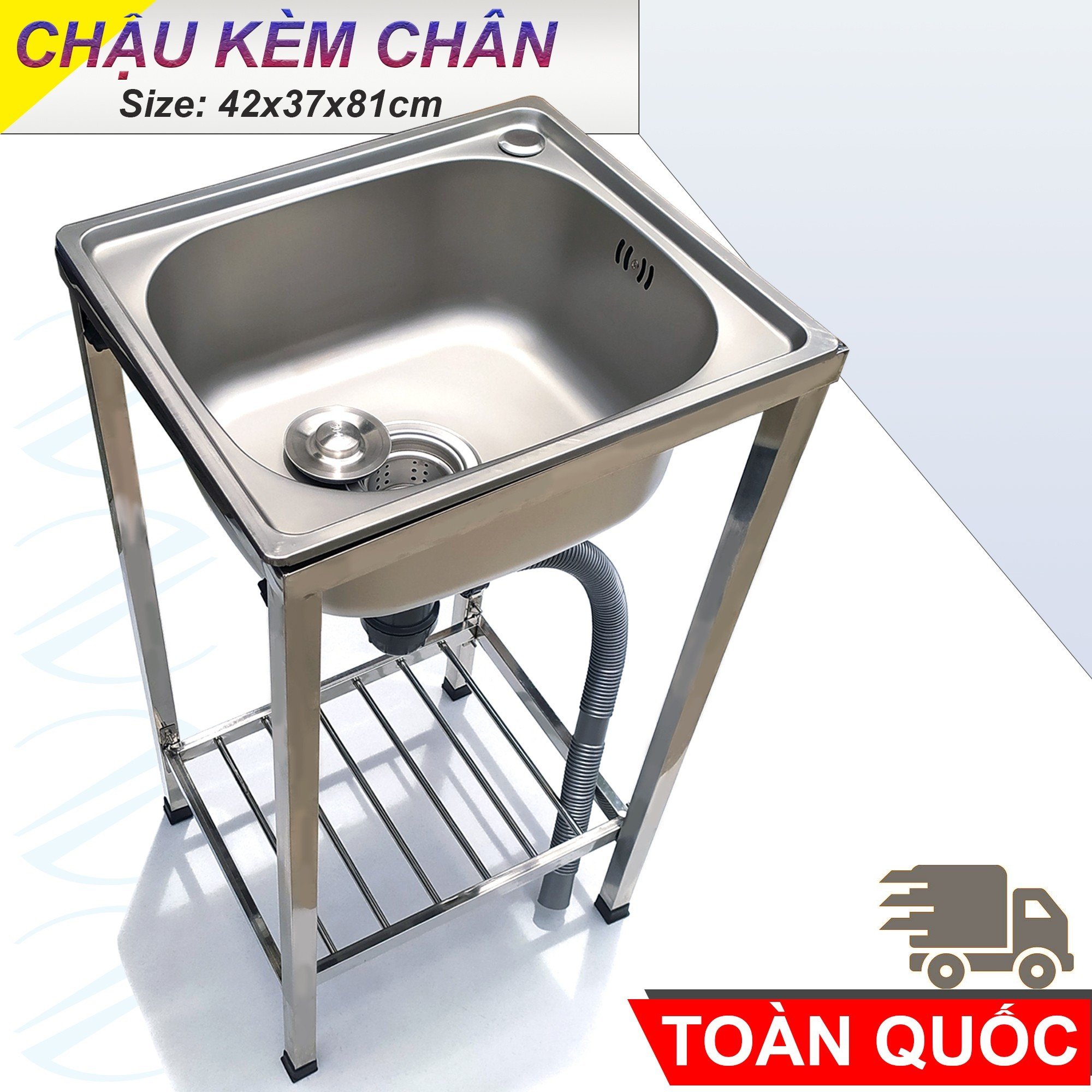 Bộ Chậu Rửa Chén Bát Có Chân Inox Kazta Nhiều Kích Thước - Gồm Chậu, kệ chân, bộ xả