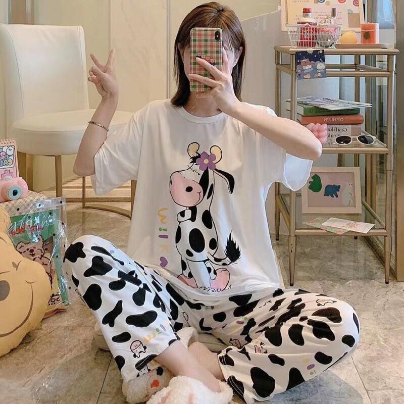 Bộ đồ ngủ mặc nhà thun hình Con Bò sữa, Snoopy, Gấu Pooh- Set đồ mặc nhà áo cộc màu trắng siêu yêu B049