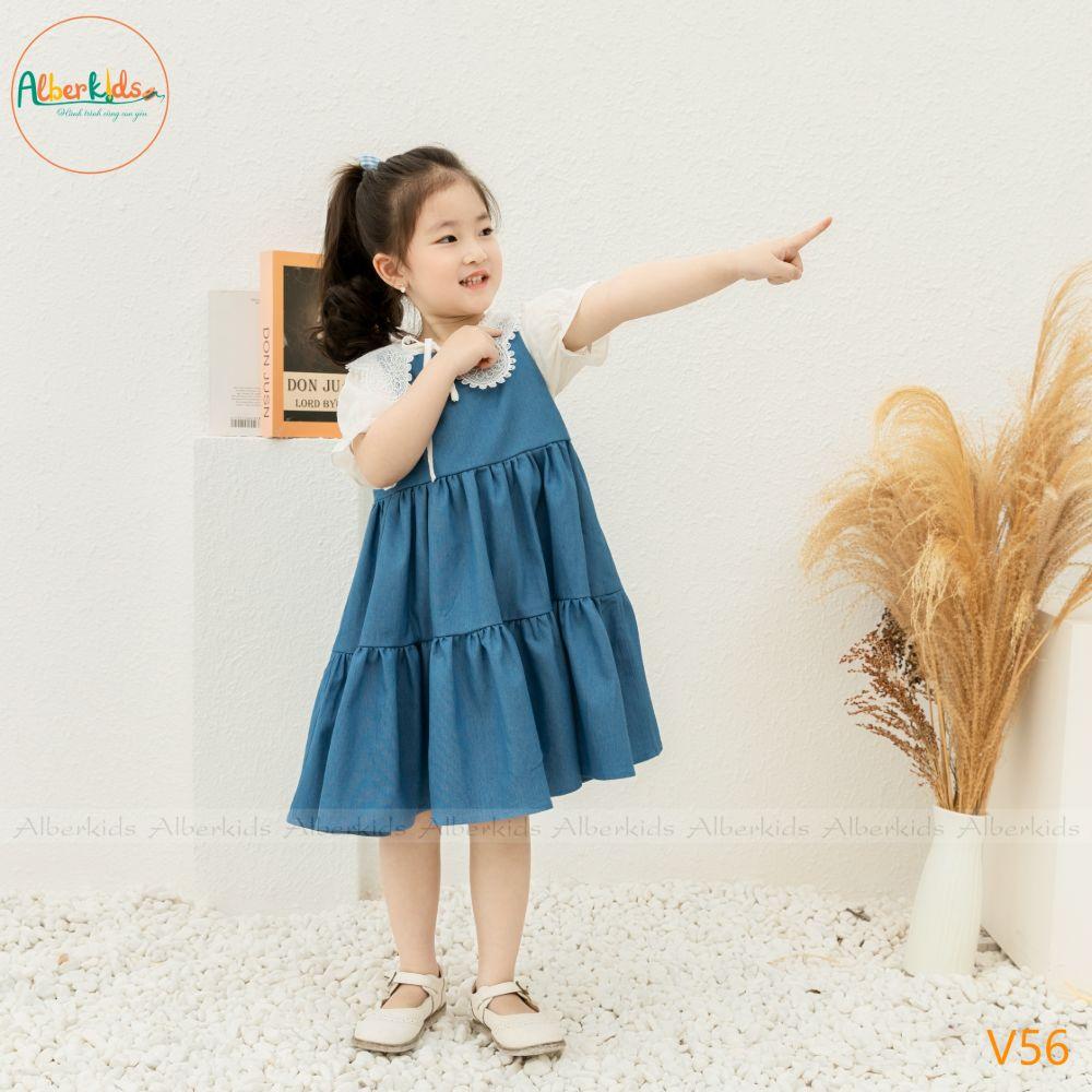 Váy bé gái ALBERKIDS bò denim 2 dây 3 tầng công chúa xinh đẹp cho trẻ em 2,3,4,5,6,7,8,9,10,11,12 tuổi [V56