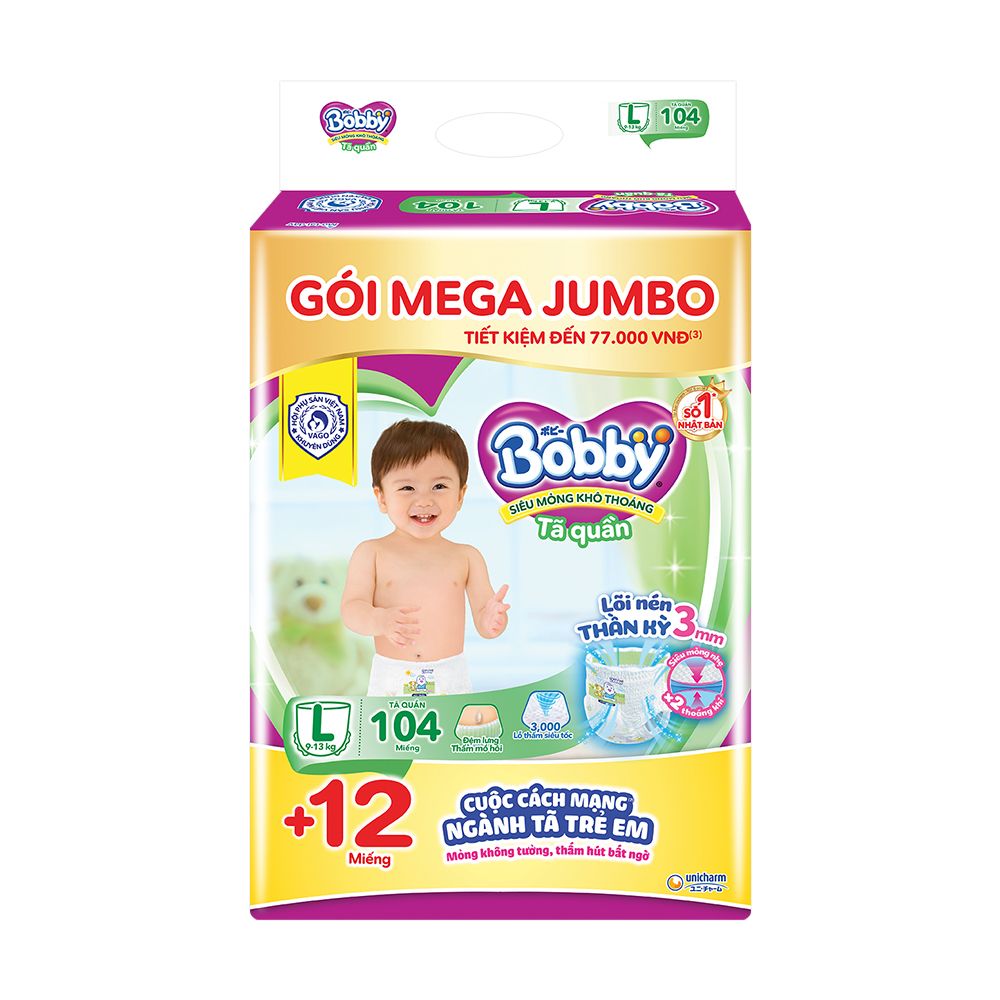 [Tặng thêm 8 miếng] Tã/bỉm quần Bobby 3mm Gạo non L96