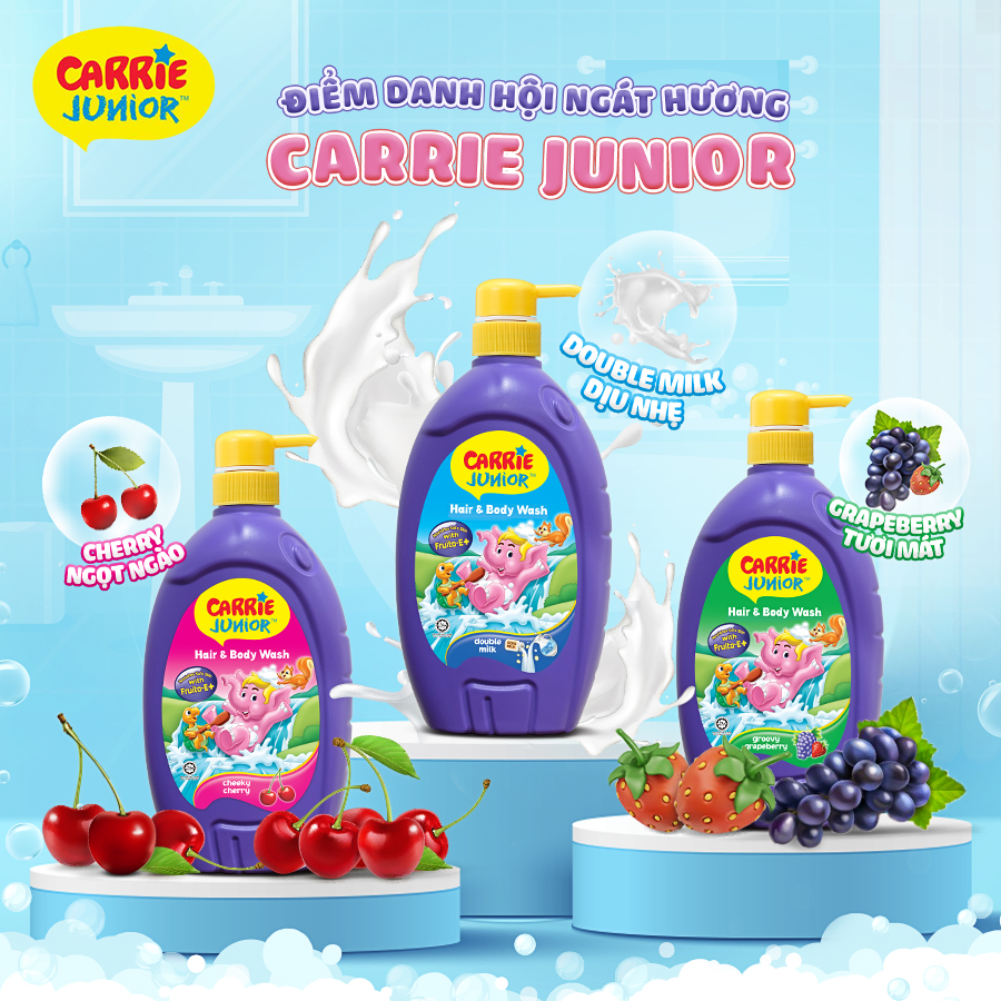 Combo 3 chai Sữa Tắm Gội cho bé Carrie Junior 280g/chai: 1 Cherry + 1 Grapeberry + 1 Tinh Chất Sữa