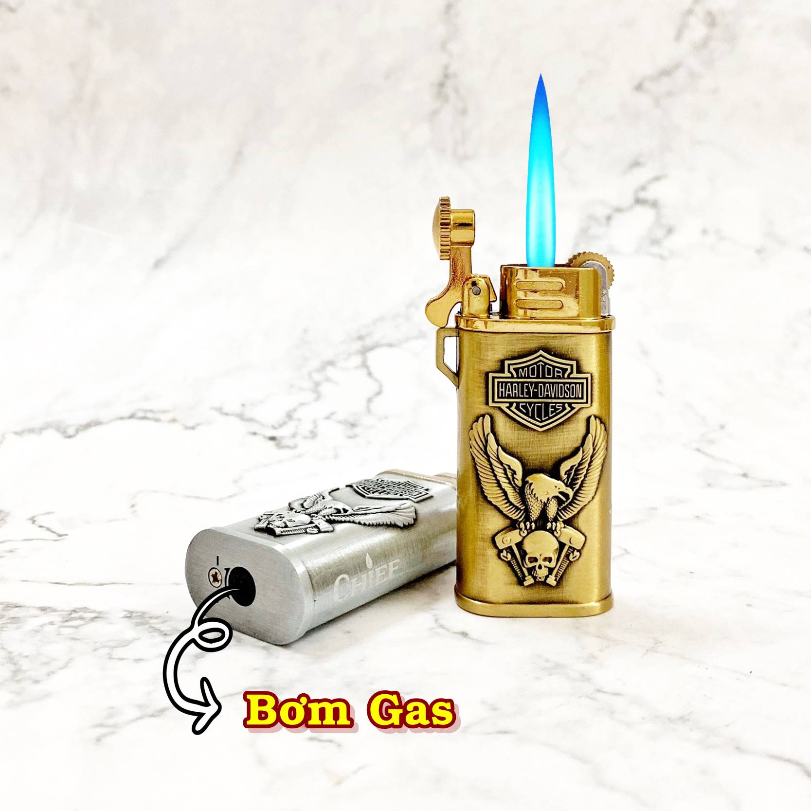 Hộp quẹt bật lửa khè gas đá rãnh tay Chief CF220D hình đại bàng logo "Harley-Davidson" -