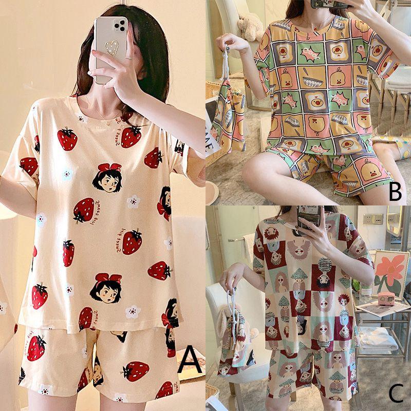 Bộ đồ ngủ ngắn tay dáng rộng in họa tiết hoạt hình xinh xắn thoải mái dành cho nữ