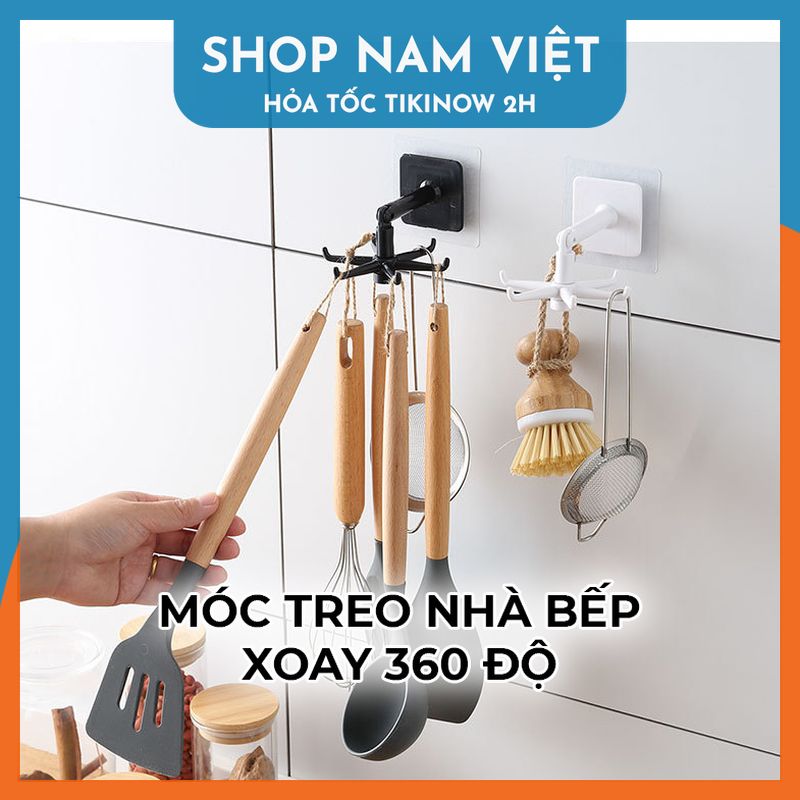 Móc Treo Đồ Nhà Bếp 6 Móc Dán Tường Xoay 360 Độ