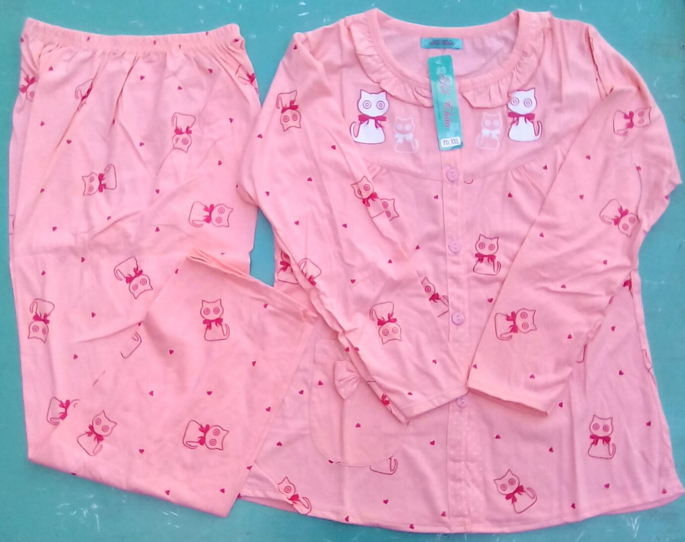 Đồ bộ sau sinh cotton dáng dài tay dài có form to đến 80kg-họa tiết ngẫu nhiên