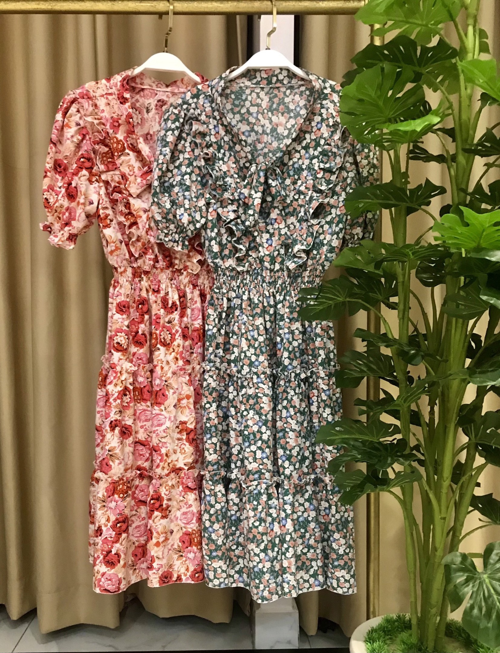 Váy nữ thời trang tiểu thư tiệc cưới, váy hoa cột nơ cổ, chất lụa mát không nhăn, không ra màu V015