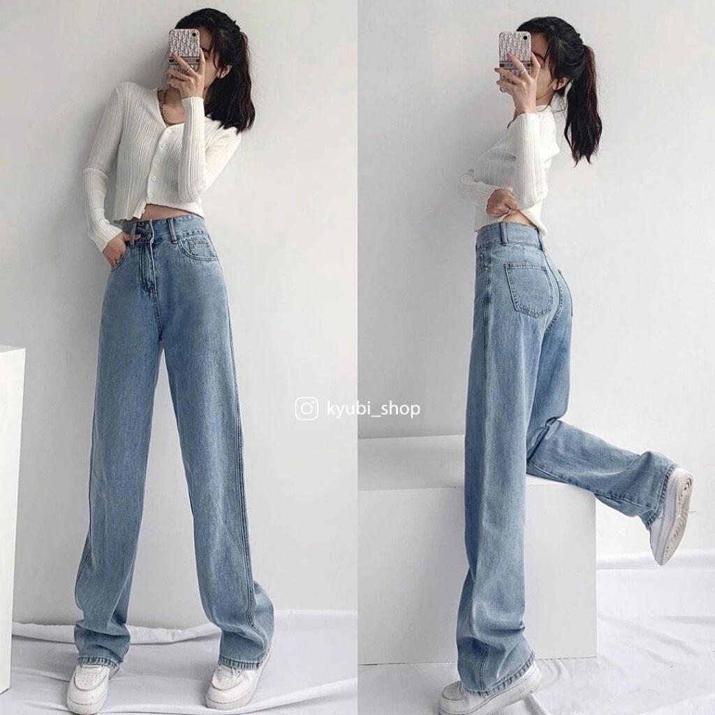 Quần jean kaki nữ ống suông ulzzang lưng cao màu nâu tây (có bigsize) - Quần jeans ống rộng 2 nút Kyubi NT2