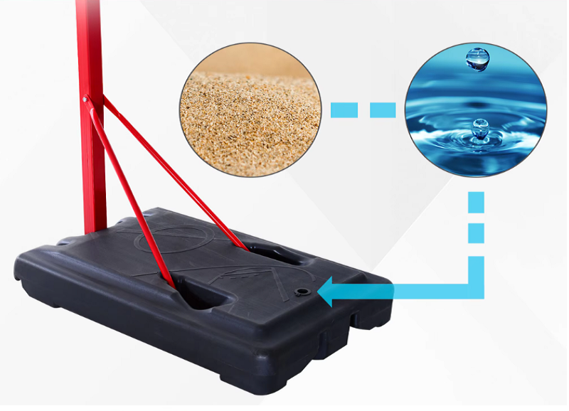 Trụ bóng rổ S003 điều chỉnh từ 2.1m đến 2.6m, sử dụng cho học sinh tiểu học, trung học, đối trọng đổ nước tiện dụng.