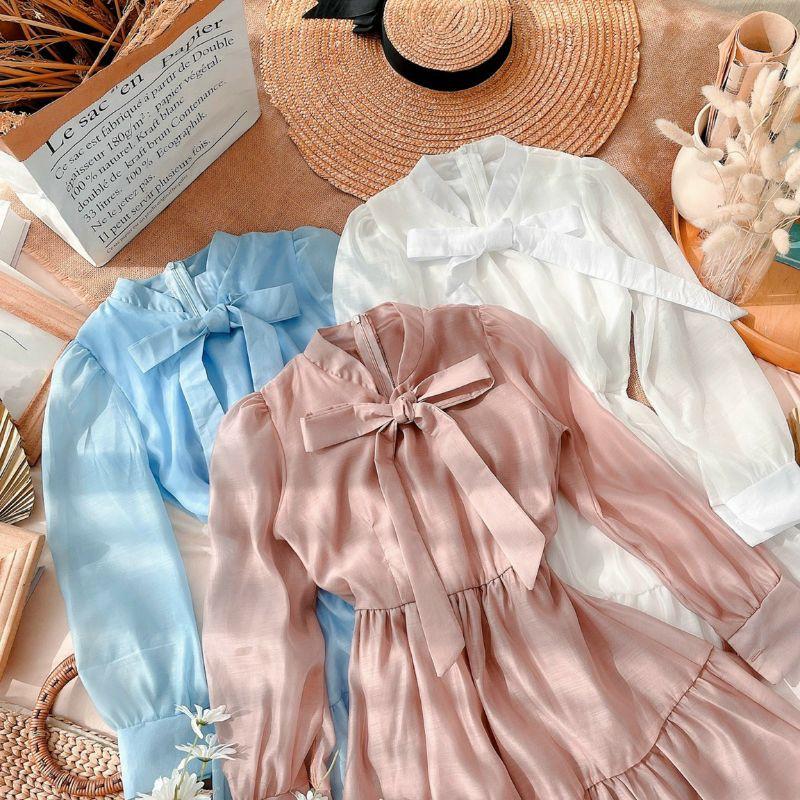 ĐẦM VOAN XOÈ TAY BO NƠ CỔ 3M: XANH, NUDE, TRẮNG DỊU DÀNG, DỄ THƯƠNG, XINH NHƯ CÔNG CHÚA