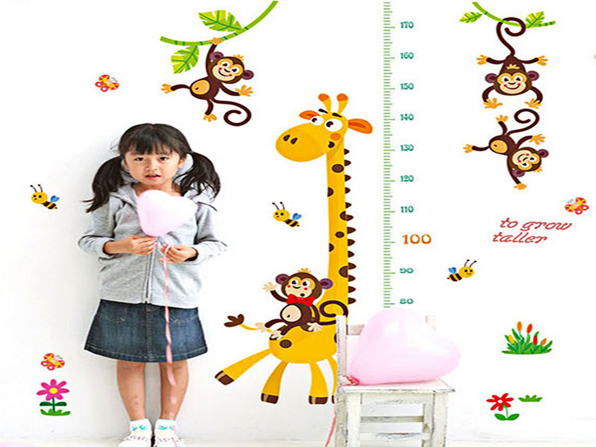 Decal dán tường cho bé thước đo chiều cao ngộ nghĩnh hươu cao cổ và khỉ sk9292