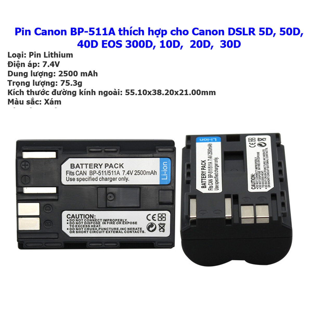 Pin for BP-511A dung lượng cao 2500mAh dành cho máy ảnh Canon 10D, 20D, 30D, 40D, 50D, 5D, 300D