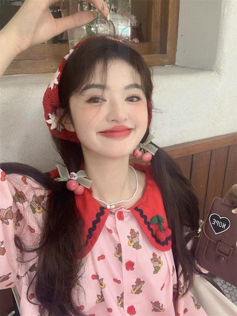SHUANGYAN Phim hoạt hình gấu con in anh đào va chạm màu nối mùa hè phiên bản Hàn Quốc lỏng lẻo giảm tuổi búp bê ngắn tay áo đầm cho phụ nữ