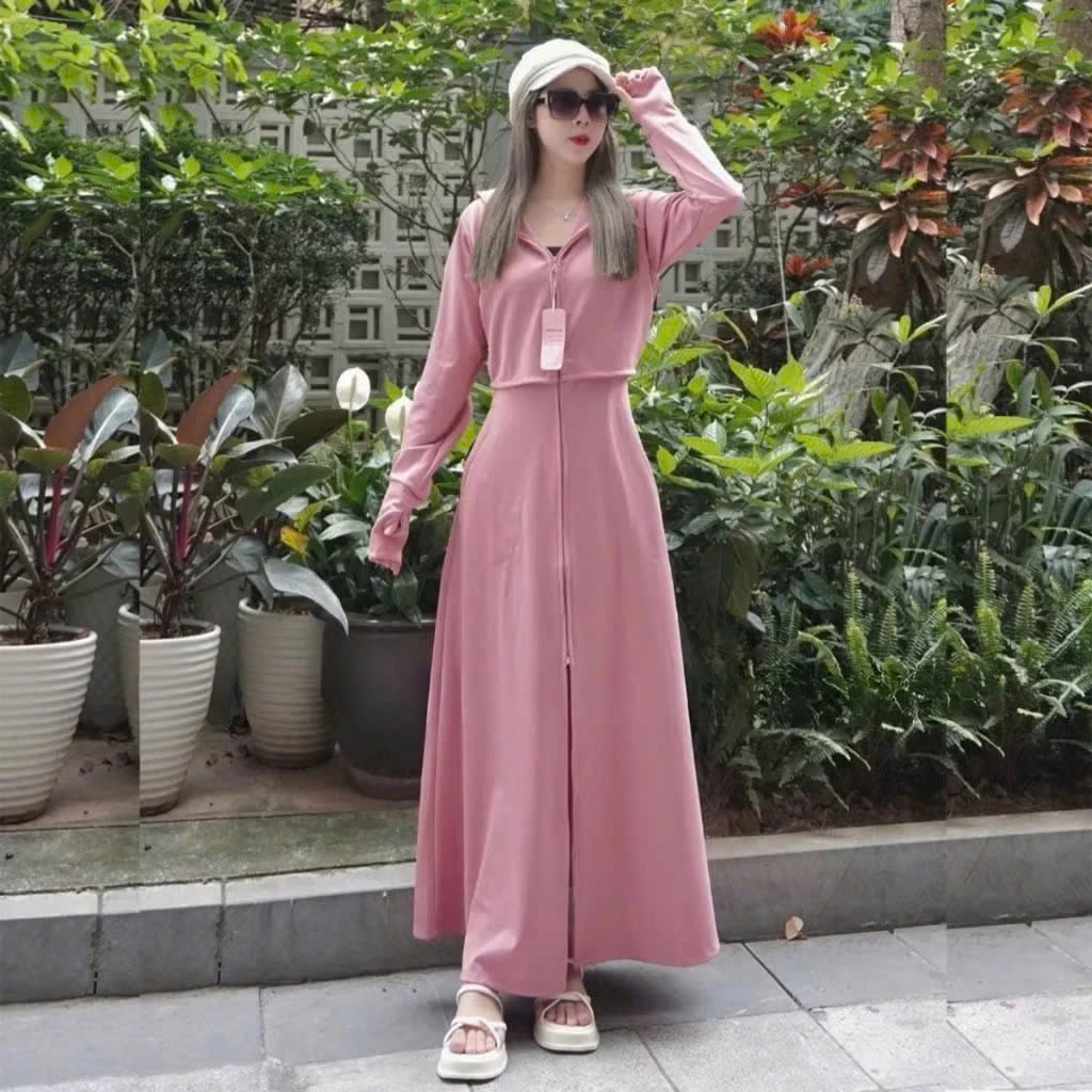 Áo khoác chống nắng nữ toàn thân 2 lớp cao cấp mũ trùm đầu tay xỏ ngón UPF50+ Size XL 53-66kg Vải Umi Cotton Co Dãn 4 Chiều Dày Dặn Làm Mát | Thời Trang | Đa Dụng