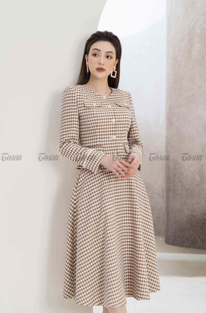 Bộ đồ Text be kẻ : Áo vest phối lắp túi + chân váy xòe Toson B8362E51