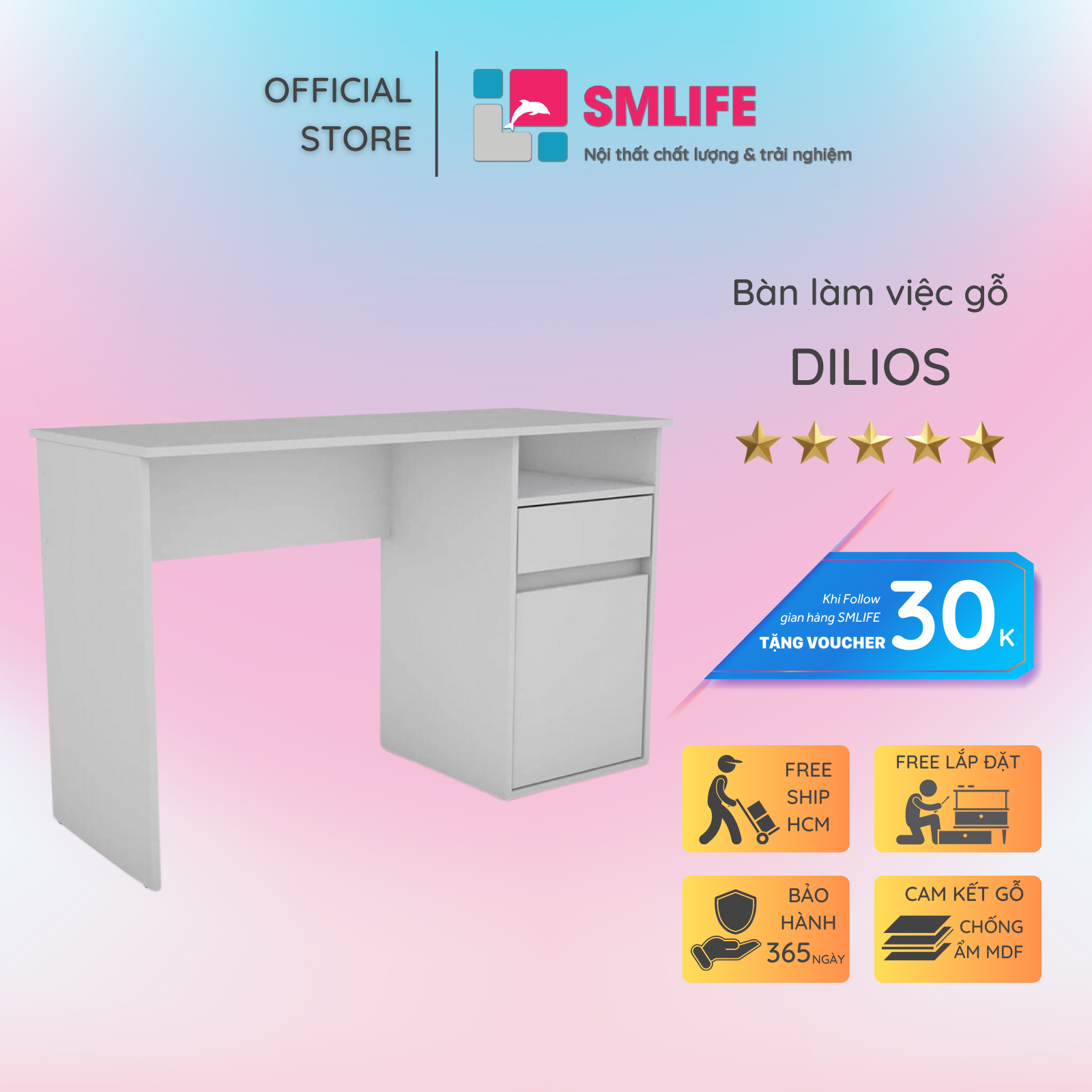 Bàn làm việc, bàn học gỗ hiện đại SMLIFE Dilios  | Gỗ MDF dày 17mm chống ẩm | D120xR50xC75cm