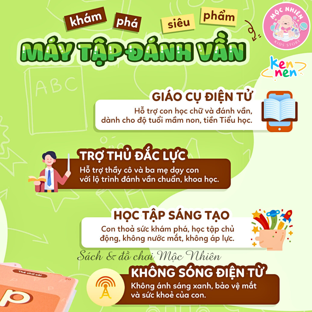 Máy Đọc Thẻ KENNEN, Máy Tập Đánh Vần ken nen, Máy Đọc Thơ Cho Bé Từ 3 Đến 6 Tuổi (Kèm Bộ 113 Thẻ)