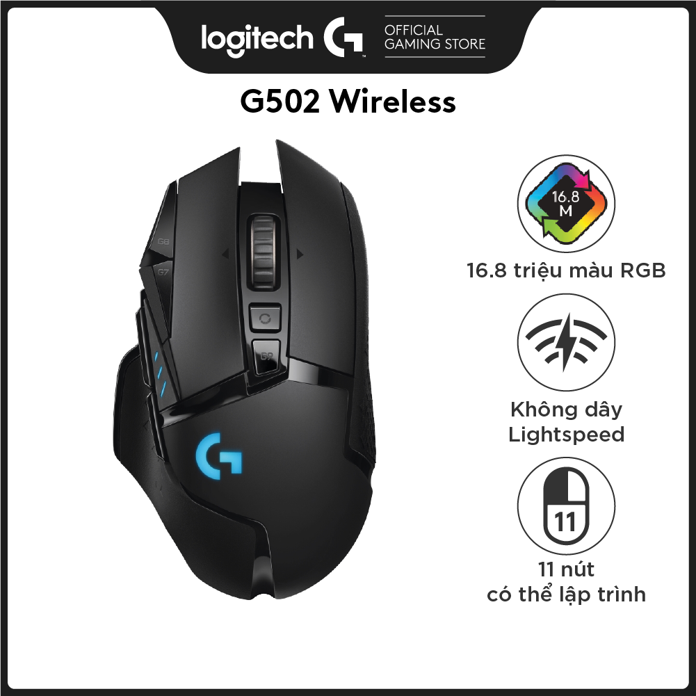 Chuột game không dây Lightspeed Logitech G502 - RGB Lightsync, 11 nút lập trình, điều chỉnh trọng lượng, con lăn Hyperfast, PC -Hàng Chính Hãng