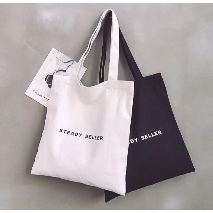 Túi Tote Vuông In Steady Seller TT35 Vải canvas Hàn Quốc có khóa kéo miệng và Túi Mini bên trong - PÉ HEO SHOP - TT35 Vuông Đen