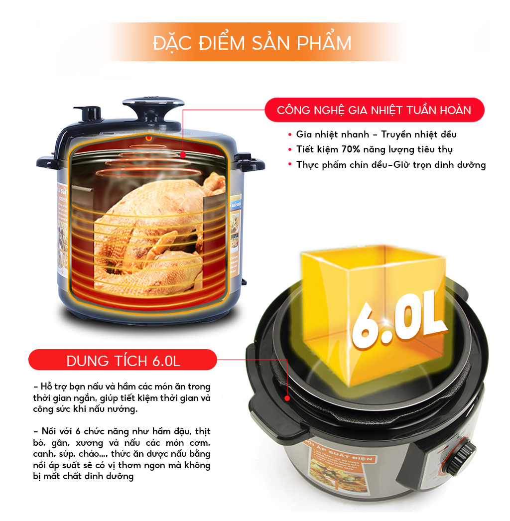 Nồi áp suất điện Comet CM6151 dung tích 6 lít – đa chức năng, chống dính, an toàn, hàng chính hãng