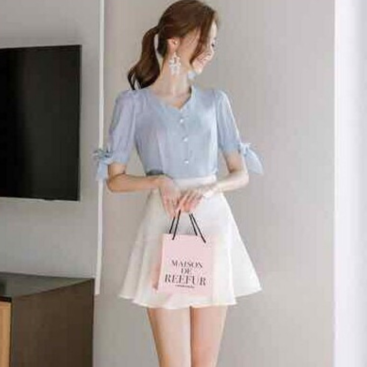 Áo kiểu nữ tay buộc nơ cổ V xinh xắn - mặc đi làm, đi tiệc form dáng chuẩn