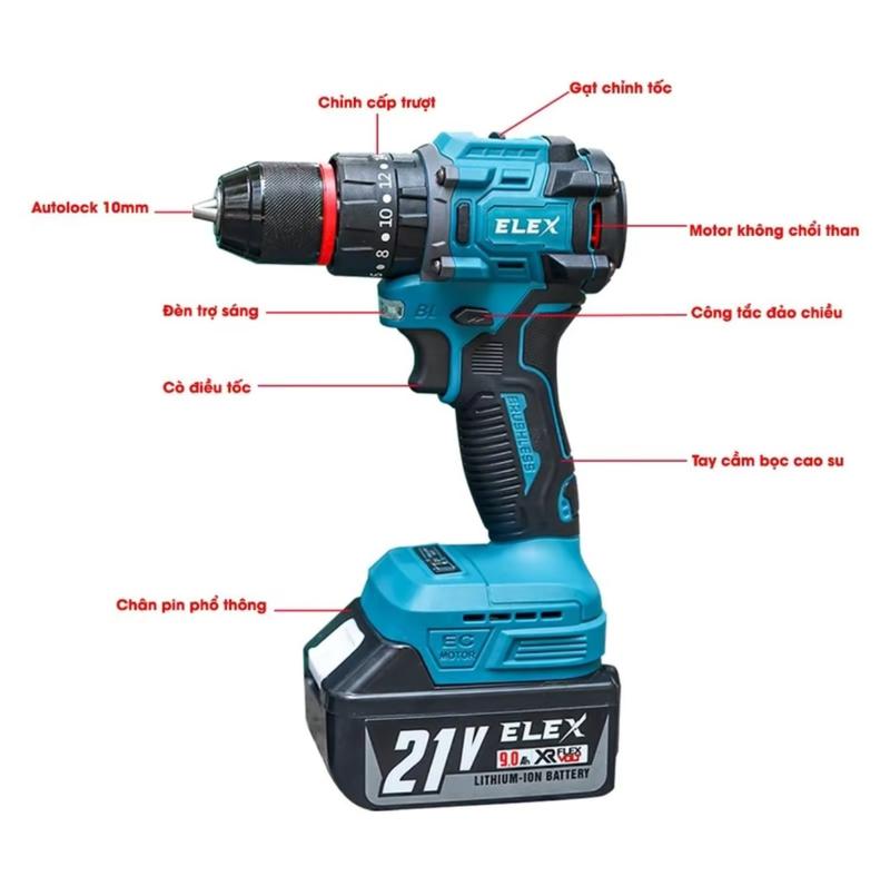 Máy khoan pin ELEX 21 xanh 3 chức năng có búa - Lõi Đồng Có Búa Khoan tường - Bắt Vít Tiện Lợi - Pin Chuẩn 10 Cell