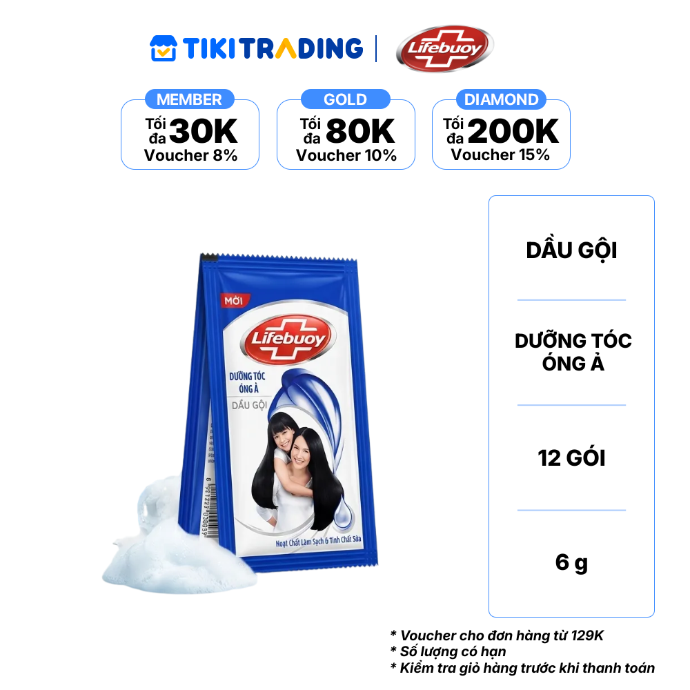 Dầu gội dây Lifebuoy dưỡng tóc óng ả - xanh 6gx12 gói