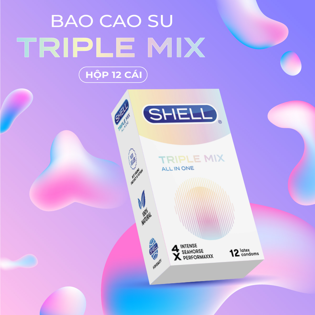 [Hộp 12 cái] Bao cao su Shell Triple Mix - Siêu mỏng, mát lạnh, gân gai kèm 1 chiếc BCS Gun Super Thin