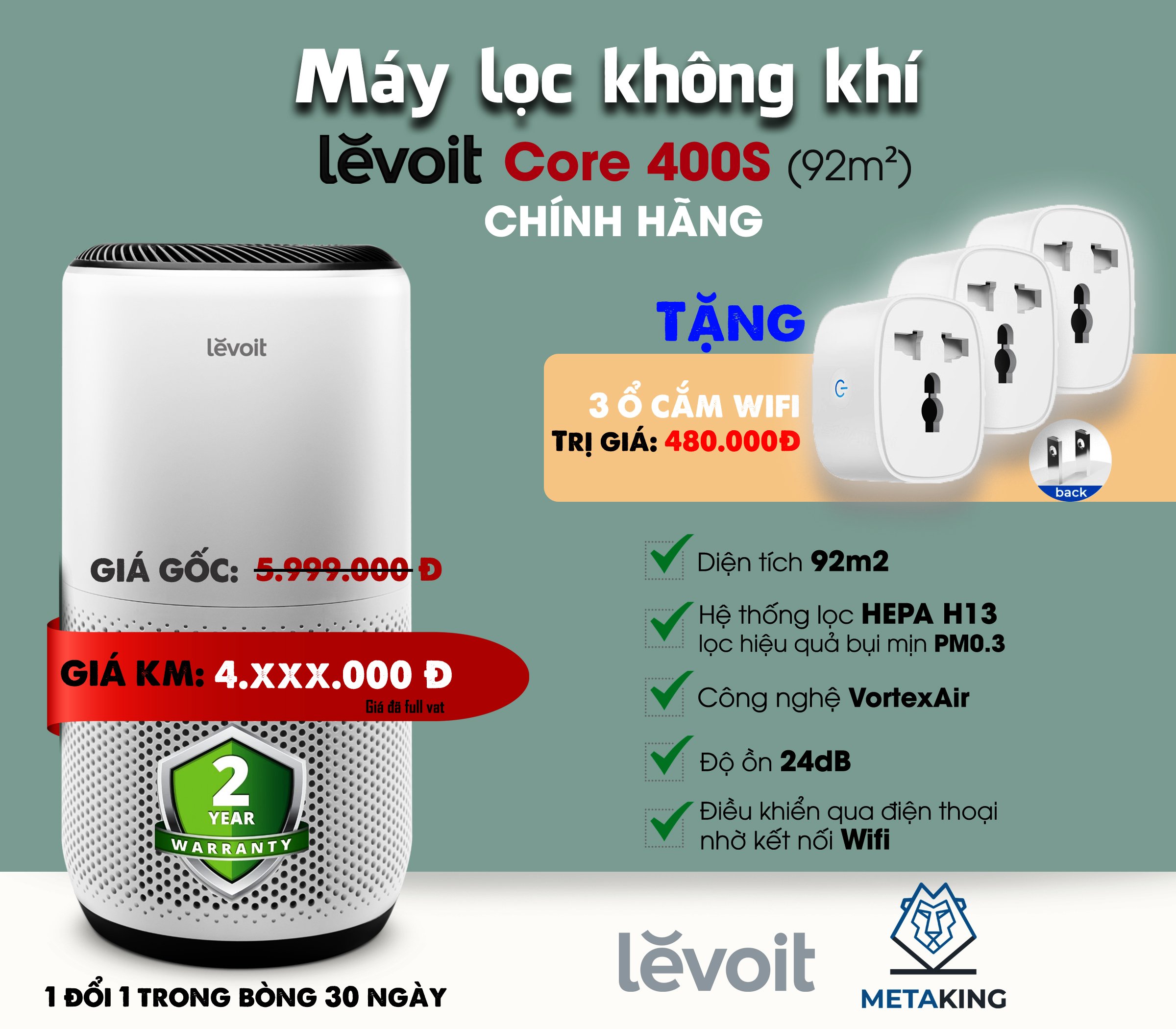 Máy Lọc Không Khí Levoit Core 400S 92m2 | Bộ Lọc HEPA 13 Lọc Bụi Mịn | Hàng Chính Hãng