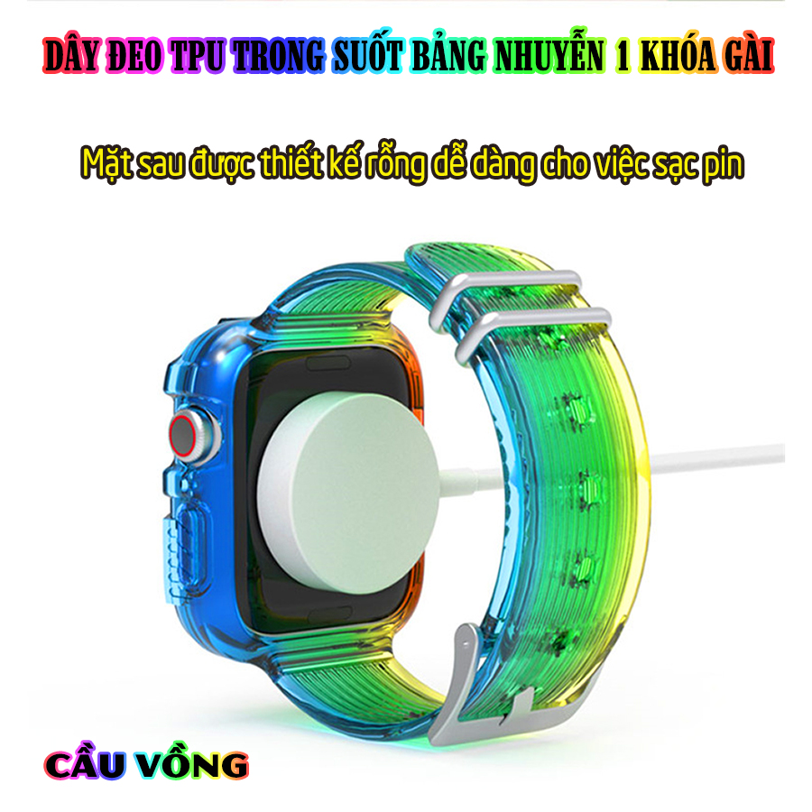 Dây Đeo liền ốp dành cho Apple Watch 7/6/5/4/3/2/1 size 38/40/41/42/44/45mm TPU trong suốt bản nhuyễn 1 khóa gài - Cầu Vồng