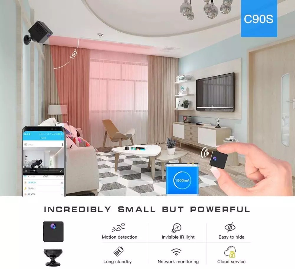 Camera trong nhà Wifi mini C90s Vstarcam 1080p 2MB , siêu nhỏ (3.65x4.0x3.65 Cm) ,  Góc rộng 150 độ , Kèm thẻ nhớ 128GB A1 Lexar - Hàng chính hãng