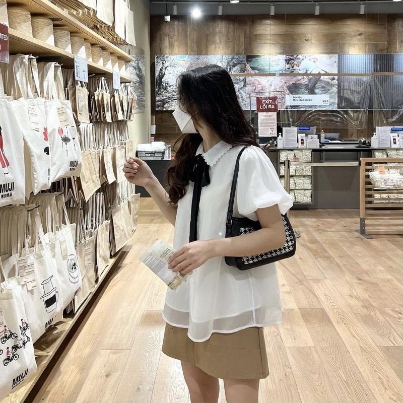 Áo Sơ Mi Babydoll Nữ Voan Tơ Phối Nơ Cổ  Áo Trắng Nữ Cộc Tay Nơ Đính Ngọc Cổ Phối Ren