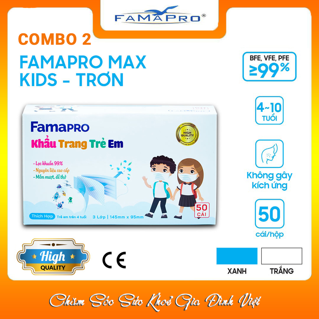 [COMBO Ưu Đãi Bộ 2 Hộp] Khẩu Trang Y Tế Trẻ Em Cao Cấp FAMAPRO - 3 Lớp/Kháng Virus, Lọc Khuẩn, Bụi, 99% Tốt Nhất / [MAX KID Chính Hãng - Hộp 50 Cái