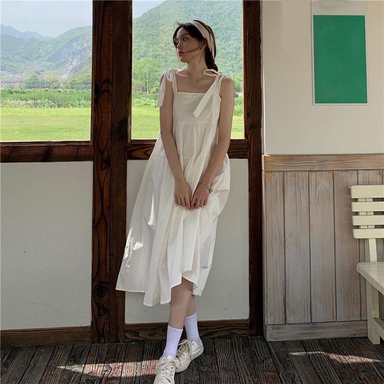 Đầm 2 dây thắt nơ vai chất đũi form rộng Váy babydoll đuôi cá siêu xinh