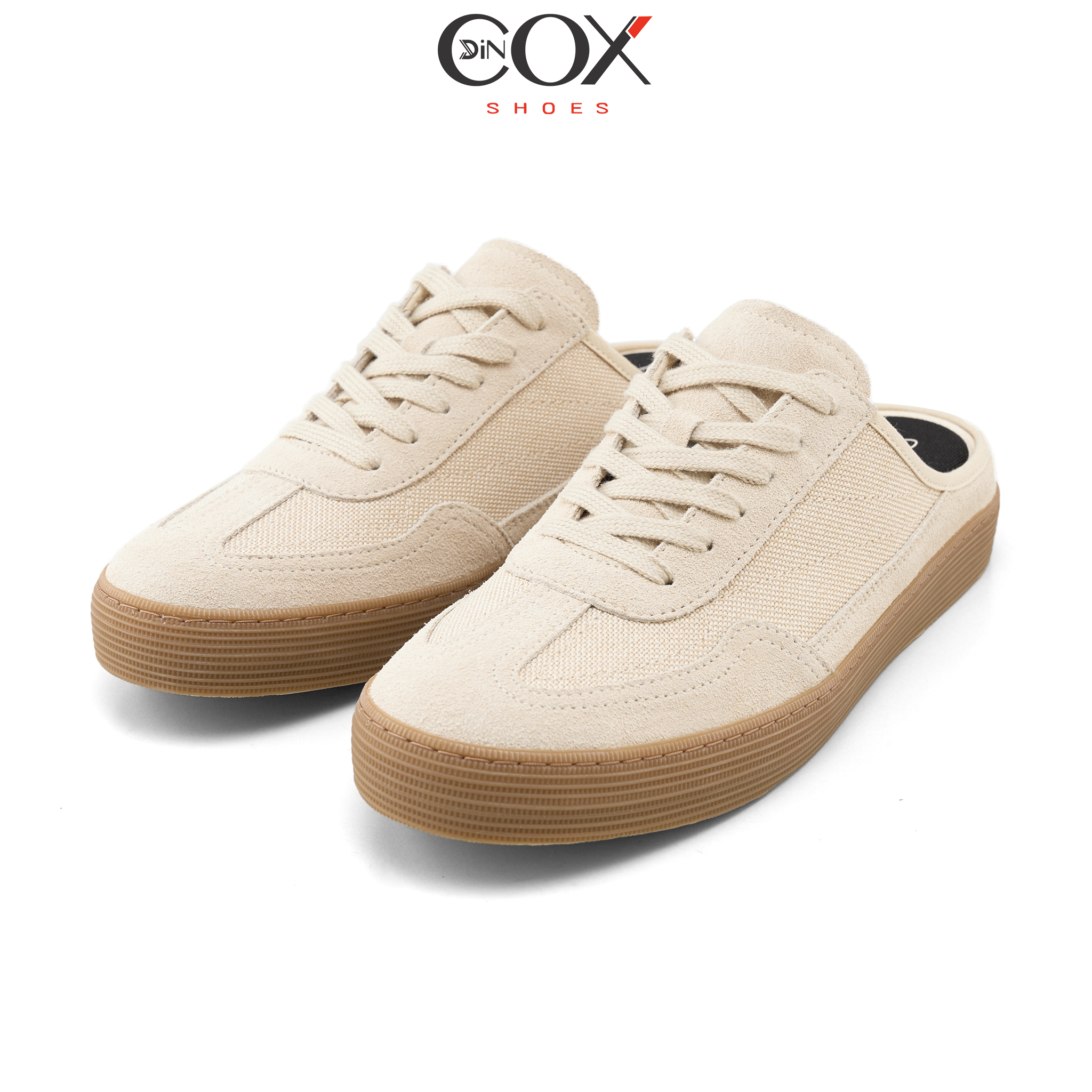 Giày Sục Đạp Gót Mules Vải Sneaker Unisex Nam Nữ DINCOX DC37 Lazy Mule Beige