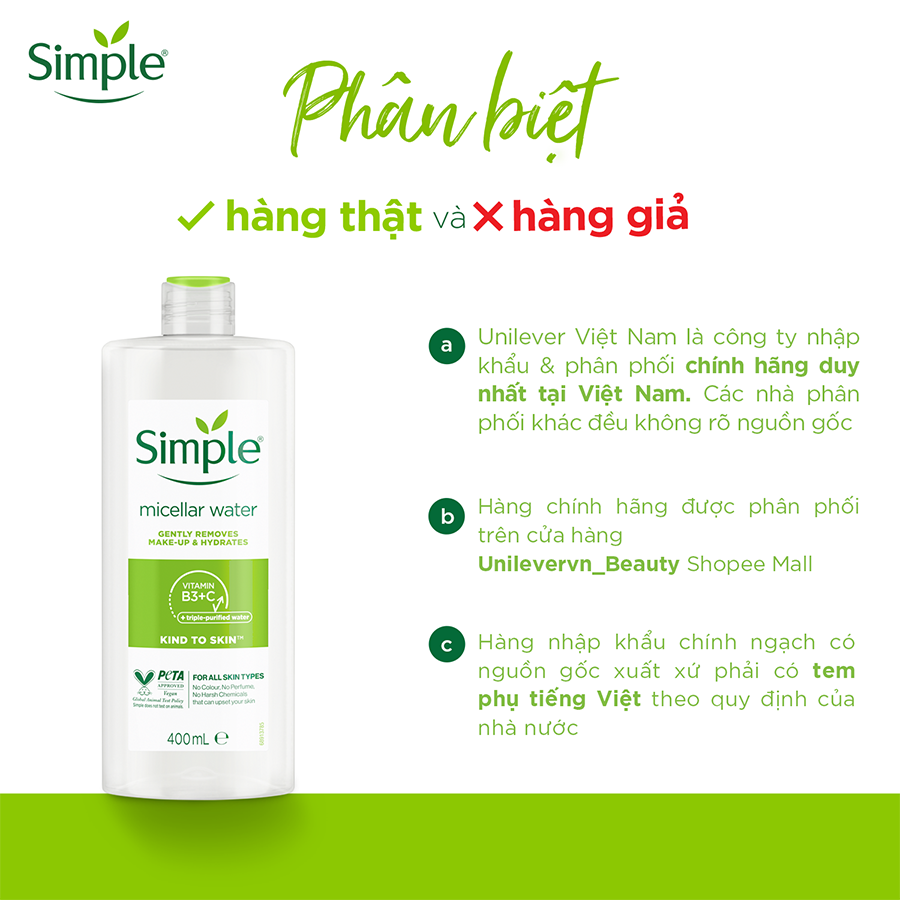 Combo 2 Nước tẩy trang Simple Micellar làm sạch 99% trang điểm, cho da thoáng mịn tức thì 400ml và 200ml