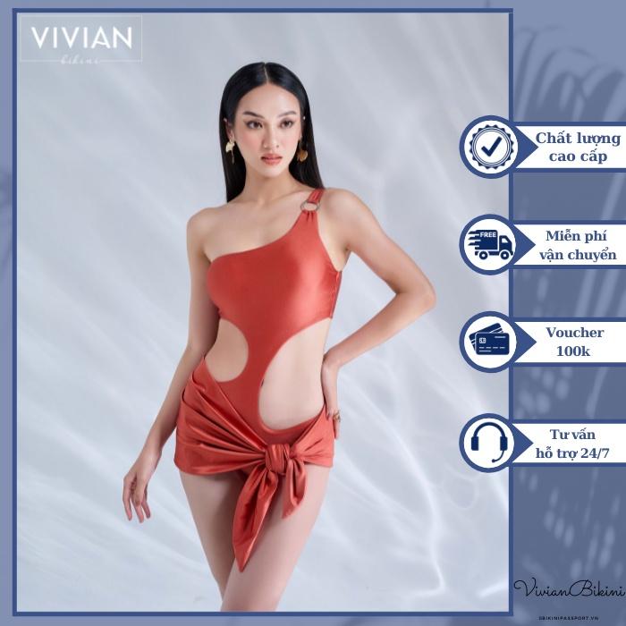 Đồ bơi nữ cao cấp  dạng một mảnh lệch vai cutout &amp; phối váy cover cách điệu - Hồng - VS175_BR