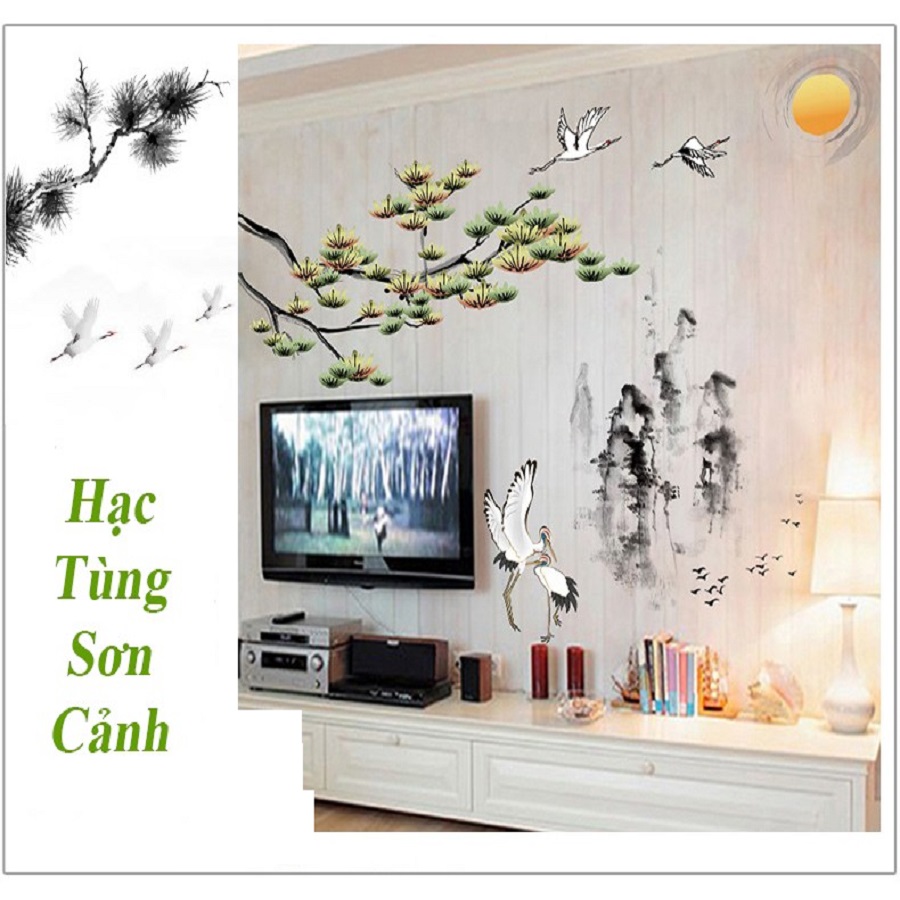Decal dán tường trang trí phong cảnh nên thơ ĐÔI CHIM HẠC - NÚI NON HÙNG VĨ