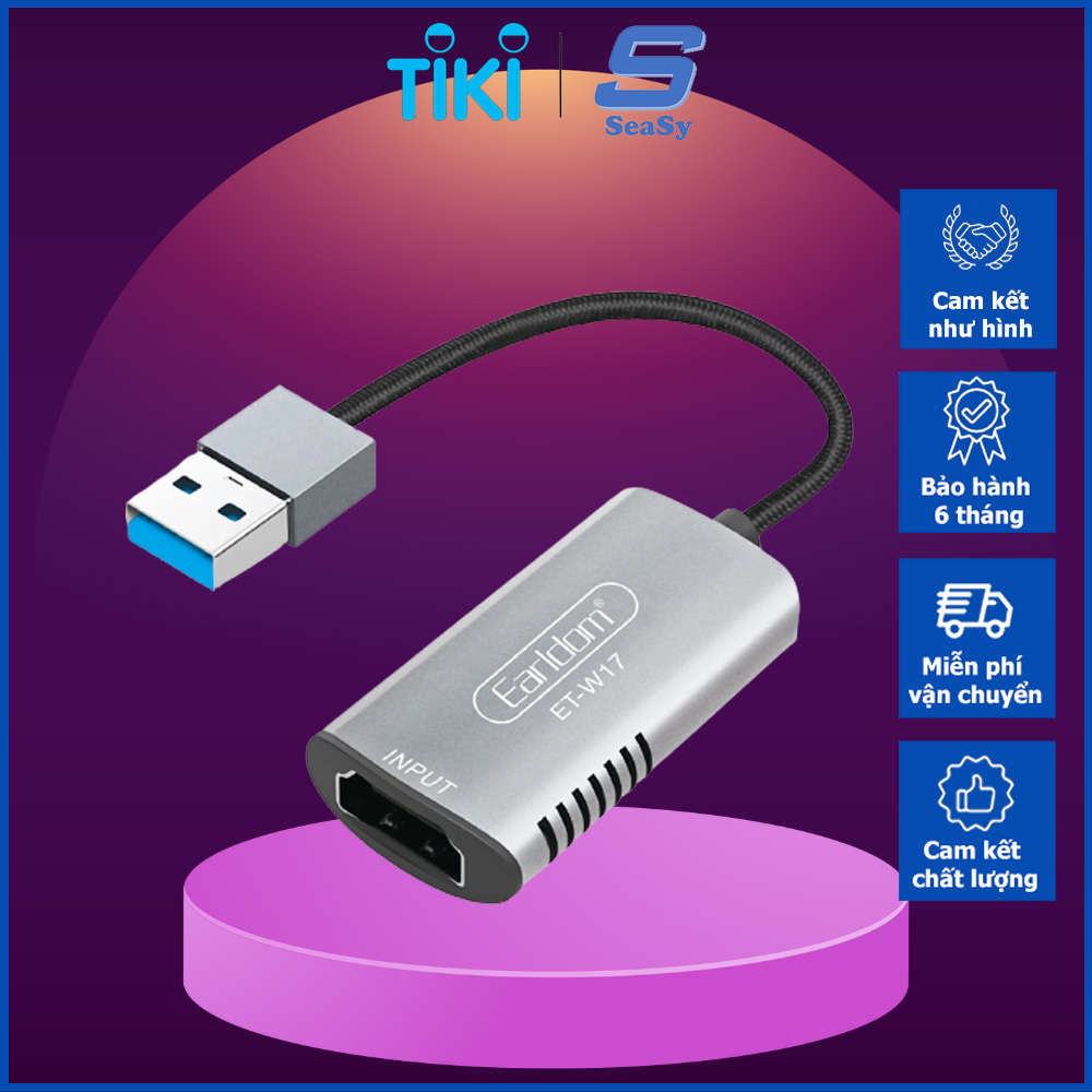 Cáp HDMI to USB 3.0 Video Capture Earldom ET-W17 - Hỗ Trợ Live Stream, Ghi Hình Từ Điện Thoại, Camera, PS4, XBOX - Hàng Chính Hãng