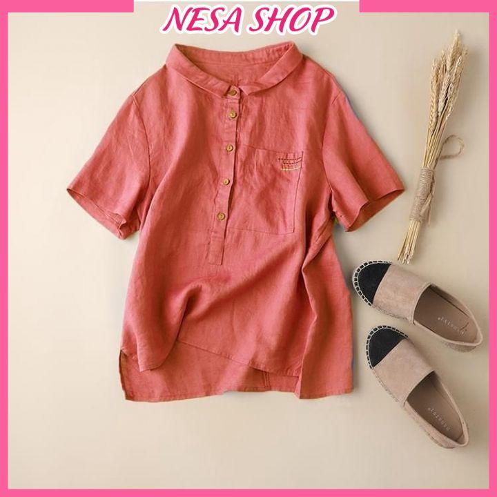 Áo sơ mi nữ tay ngắn NeSa Shop, áo kiểu nữ, chất liệu Đũi tơ mềm mát, áo sơ mi kiểu form trẻ trung AKS.49