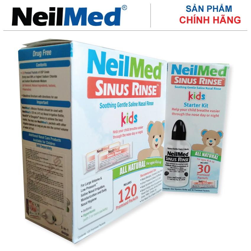 Combo Baby SinusCare: Bộ Rửa, Vệ Sinh Mũi Xoang Trẻ Em NeilMed Sinus Rinse Kids - SX Mỹ(1 Bình + 30 gói muối và 1 Hộp 120 gói muối rửa bổ sung)