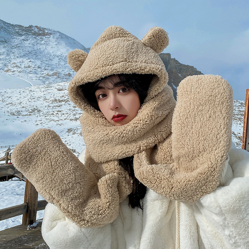 Mũ len lông cừu tai gấu kèm khăn quàng cổ bao tay 3 trong 1 ấm áp tạo hình đáng yêu cho mùa đông
